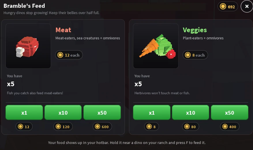 Bramble’s Feed menu showing meat and veggie prices and diet eligibility.