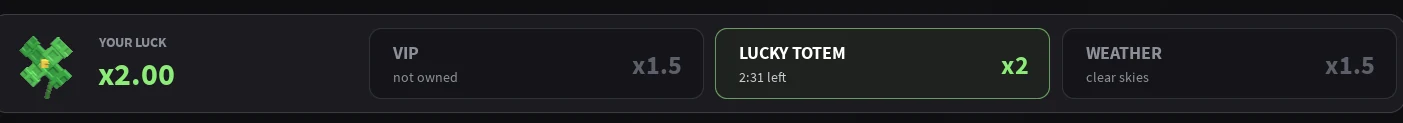 Luck status panel showing ×2 while Lucky Totem is active, VIP not owned, and clear skies.