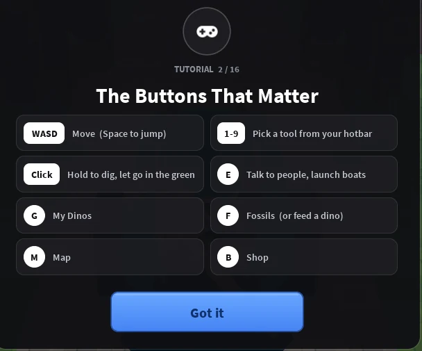 Tutorial controls panel for movement and game actions.